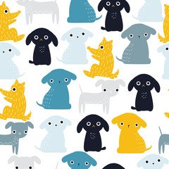 Seamless pattern with dogs. Kids fashion print. Vector hand drawn illustration.