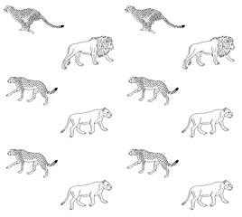 Vector seamless pattern of hand drawn doodle sketch lion and cheetah isolated on white background 