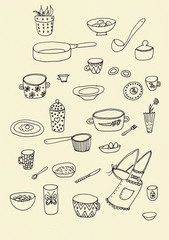 Utensils and kitchen utensils Set of doodle kitchen utensil outline in black isolated over white background