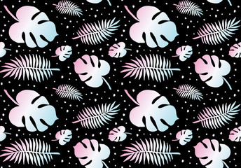 Vector seamless pattern of holographic silhouette palm leaves isolated on black  background 