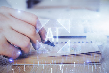 Writing human hands with data theme multi exposure icons.