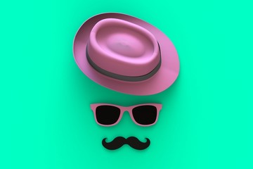 Happy Father’s Day concept with hat, mustache and glasses on green background, Top view with copy space, 3d rendering