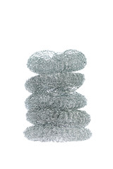 Pile of five dishwashing stainless steel wire brushes isolated on white background