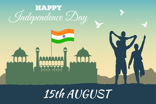 Concept banner of 15th August India Happy Independence Day. Vector silhouette of the Red Fort (Lal Kila) in Delhi and the Indian flag above it with rejoicing people. Three doves over a happy family.