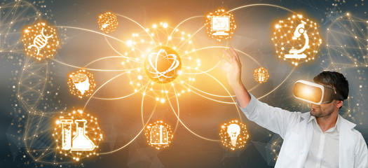 Medical Healthcare Research and Development Concept. Doctor in hospital lab with science health research icon show symbol of medical care technology innovation, medicine discovery and healthcare data.