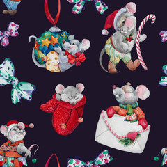 Christmas card with mice. Watercolor Hand drawn illustration. Christmas and New Year card. Seamless cartoon pattern for the new year. Two Cartoon Little Mouse.
