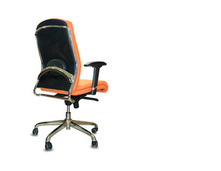 The back view of office chair from orange cloth. Isolated