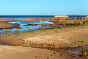 Wild sandy beach on the shore of Lake Ladoga in Karelia in Russia