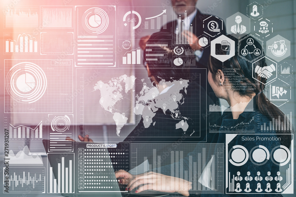 Poster big data technology for business finance analytic concept. modern graphic interface shows massive in