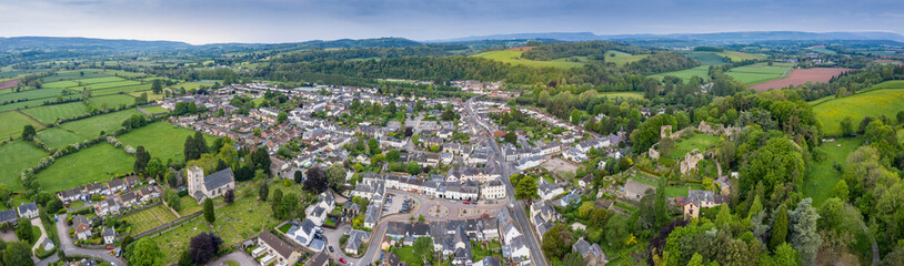 Dawn aerial panoramic view of the picturesque village of Usk in Gwent, South Wales, UK