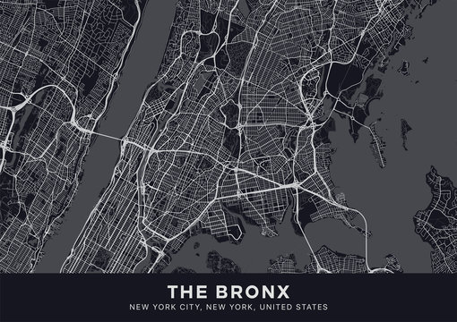 The Bronx map. Dark poster with map of The Bronx borough (New York, United States). Highly detailed map of The Bronx with water objects, roads, railways, etc. Printable poster.