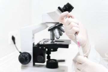 Scientist Filling Test Tube With Pipette In Laboratory. Close up view of a female scientist filling test tube with pipette by microscope in the laboratory .