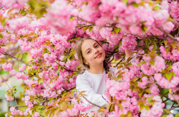Fototapeta premium Pink is my favorite. Little girl enjoy spring. Kid on pink flowers of sakura tree background. Kid enjoying pink cherry blossom. Tender bloom. Pink is the most girlish color. Bright and vibrant