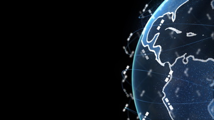 Digital earth data globe - abstract 3D rendering satellites starlink network connection the world. satellites create oneweb or skybridge surrounding planet conveying complexity big data flood the