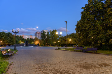 Evening landscape in the park of the Novogireevo district in the east of Moscow, Russia