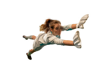 Isolated Female Soccer player on white background. Girl playing soccer