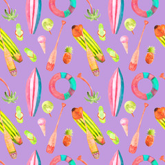 Summer beach objects seamless pattern in watercolor Summertime illustration in watercolor: surfboards,  ice cream, coconut