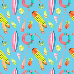 Summer beach objects seamless pattern in watercolor. Summertime illustration: pineapple,coconut, surf, ice cream, blue background, Palm tree,surfboard