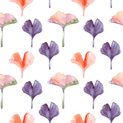 Ginkgo biloba leaves floral watercolor seamless pattern. Tree plant known as ginko or gingko. Ginkgo plant herbal alternative medical care anti-oxidant leaves floral seamless textile in colors.