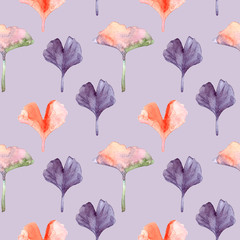 Ginkgo leaves seamless pattern. Watercolor botanical illustration. Floral background, ginkgo plant herbal alternative medical care anti-oxidant leaves floral seamless textile in colors.