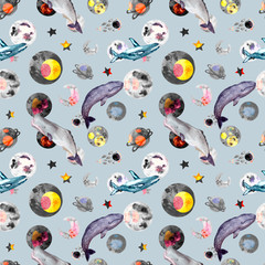 Fototapeta premium Seamless pattern with gray whales,blue whales, seahorse, sperm whales and universe, planets watercolor. Can be used for wallpaper, web page background, surface textures.Hand drawn illustration.