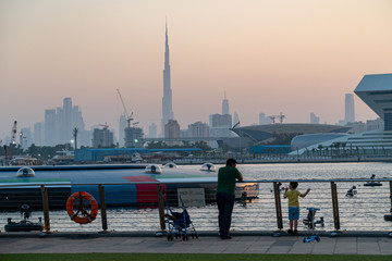 View of sunset over Dubai Down Town from Dubai Festival City