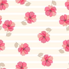 Cute poppy flowers on beige and white striped  background. Seamless print for fabric.
