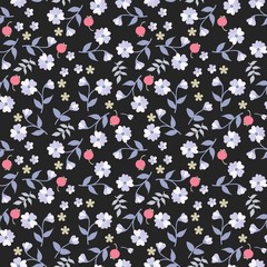 Seamless floral ditsy pattern in country style. Small berries, flowers and leaves isolated on black background. Motley natural ornament.