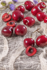 Naklejka na ściany i meble fresh ripe cherries. Sweet cherries in garden.
