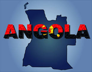 The contours of territory of Angola and Angola word in colours of the national flag