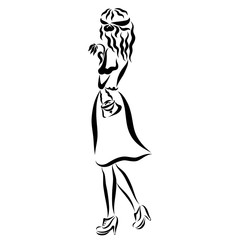 slim romantic girl with a flower and a handbag in her hands, waiting for someone