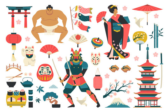 Set of japanese traditional icons vector illustration.