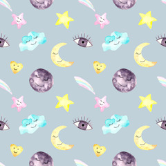 Seamless childish pattern with cute moons on clouds, hearts, stars. Creative scandinavian style kids texture for fabric, wrapping, textile, wallpaper, apparel. Watercolor illustration