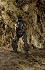 Fototapeta premium Science fiction of a futuristic sci-fi space marine trooper standing in the caverns of an alien world, 3d digitally rendered illustration