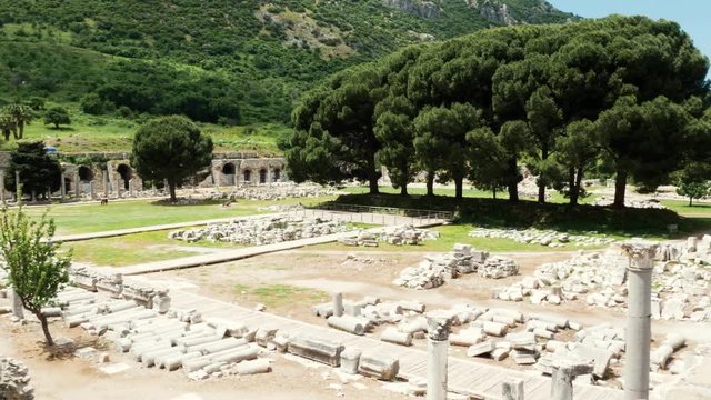 Ruins of marketplace in the ancient city of Ephesus (Efes), Izmir Turkey. Panoramic shot 4k