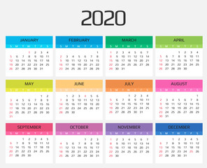 Calendar 2020 template. 12 Months. include holiday event. Week Starts Sunday