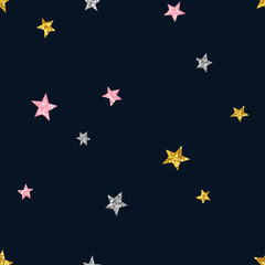 Glittering stars seamless pattern. Colorful sparkling constellation on black background. Shiny pink, golden, silver star symbols. Minimalist wallpaper, wrapping paper, textile print