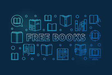 Free Books concept blue outline vector horizontal banner or illustration on dark background