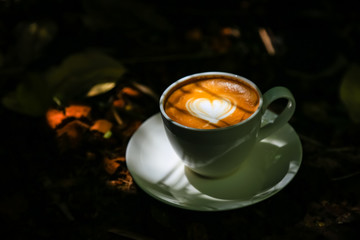 Latte coffee on low light wood floors Natural light for design or background work