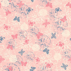 Seamless pattern with abstract flowers and small butterflies on pink background. Pattern can be used for wallpaper, pattern fills, background, surface textures, vector illustration