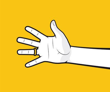 White hand with wedding ring on yellow background