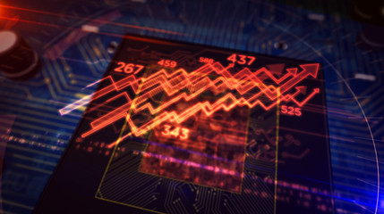 CPU on board with stock chart symbol hologram display