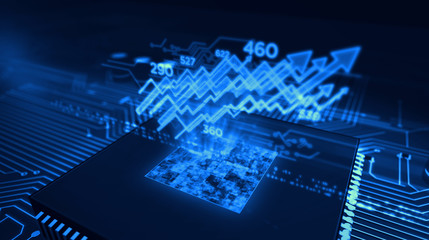 CPU on board with stock chart hologram
