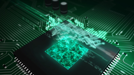 CPU on board with stock chart hologram