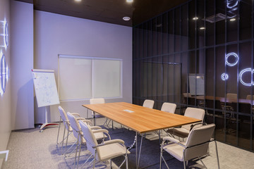 Minsk, Belarus - May 23, 2019: Interior of empty modern board room at creative office