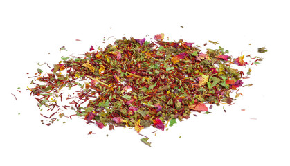 Naklejka premium Green tea with dry flowers on white background. Close up