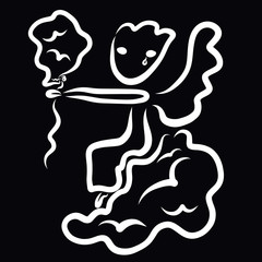 Crying little angel with a balloon, clouds
