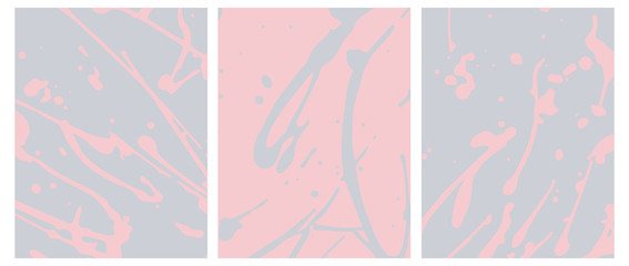 Set o 3 Abstract Geometric Layouts. Irregular Handmade Light Pink Splashes on a Gray Background. Gray Daubs on a Pink. Funny Simple Creative Design. Infantile Style Expressive Painting.