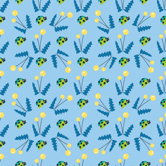 Vector cartoon background. Seamless pattern with flowers and insects, dandelions and ladybugs. Children’s book style. Perfect for kids room wallpaper, cotton, textile. Pastel colors