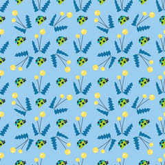 Vector cartoon background. Seamless pattern with flowers and insects, dandelions and ladybugs. Children’s book style. Perfect for kids room wallpaper, cotton, textile. Pastel colors